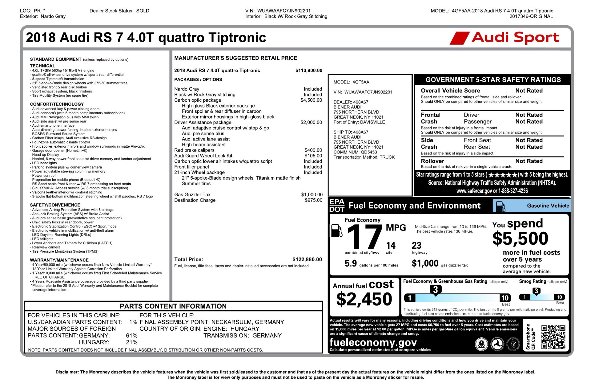 Used 2018 Audi RS 7 4.0T TIPTRONIC / CARBON OPTIC / DRVR ASST / NAV / REARVIEW / 750HP+ for sale Sold at Formula Imports in Charlotte NC 28227 93