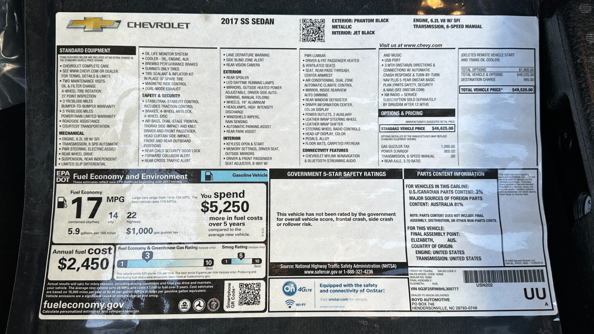 Used 2017 Chevrolet SS SEDAN / 6.2L V8 ENGINE / 6SPD MANUAL / BLACK LEATHER / NAV / BIG BRAKE KIT for sale Sold at Formula Imports in Charlotte NC 28227 43