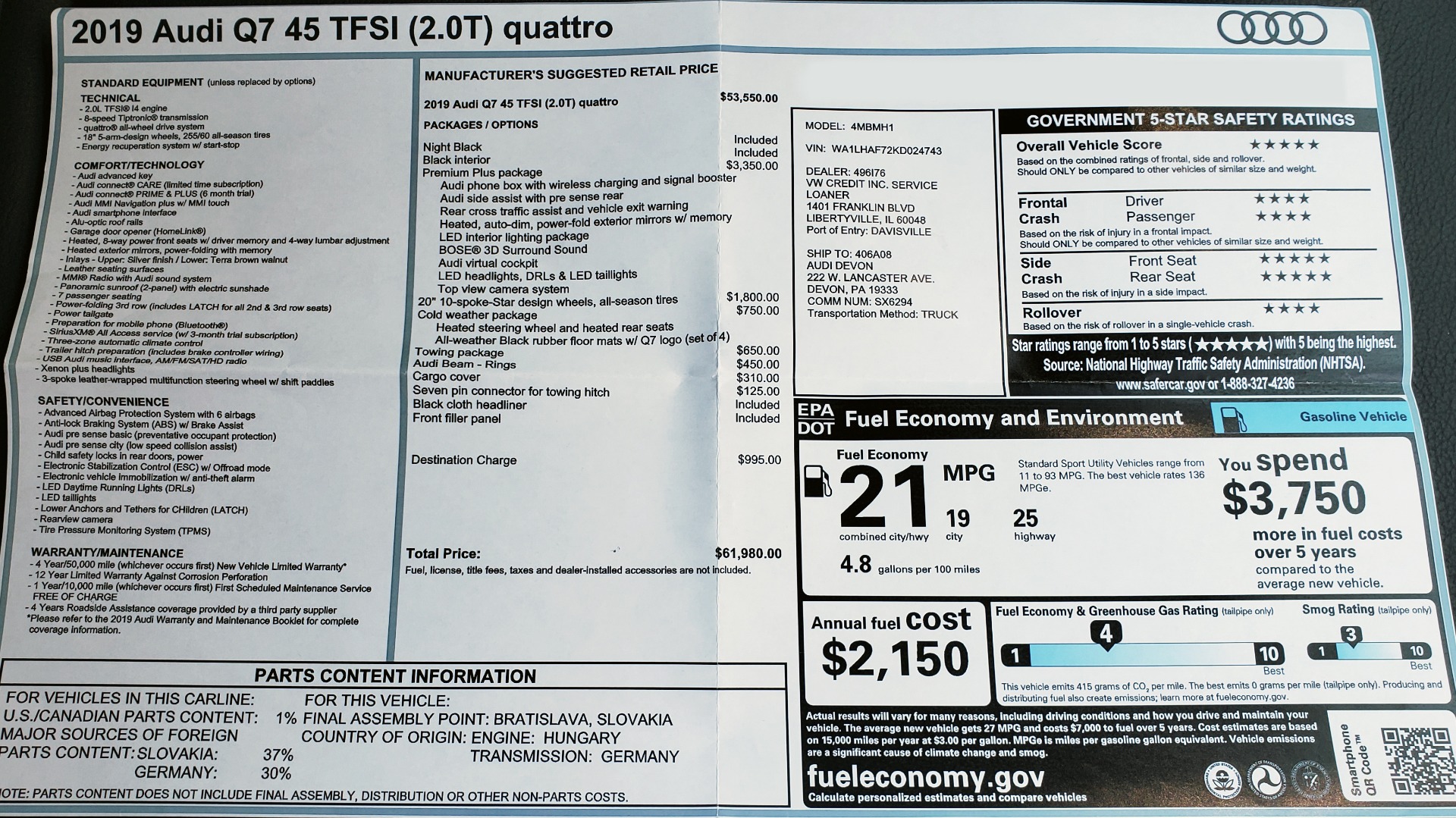 Used 2019 Audi Q7 PREMIUM PLUS / NAV / PANO-ROOF / 3-ROW / REARVIEW for sale Sold at Formula Imports in Charlotte NC 28227 90