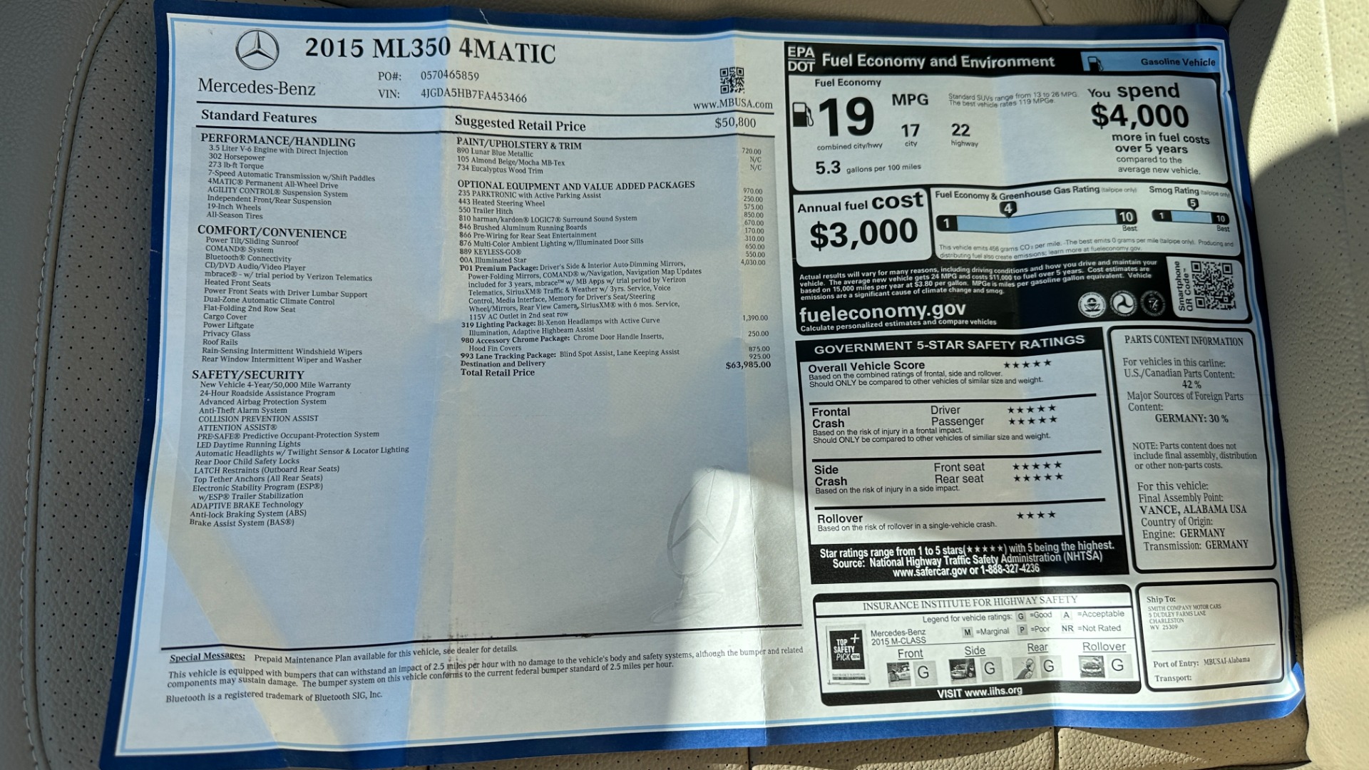Used 2015 Mercedes-Benz M-Class ML350 AWD / AMBIENT LIGHTING / HK SOUND / PREMIUM PKG / LANE TRACKING for sale Sold at Formula Imports in Charlotte NC 28227 54