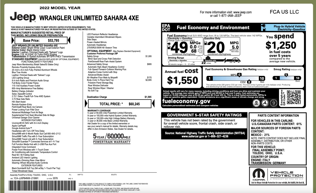 Used 2022 Jeep Wrangler 4xe UNLIMITED SAHARA / HYBRID / HARD TOP / ADVANCED SAFETY GROUP for sale Sold at Formula Imports in Charlotte NC 28227 52