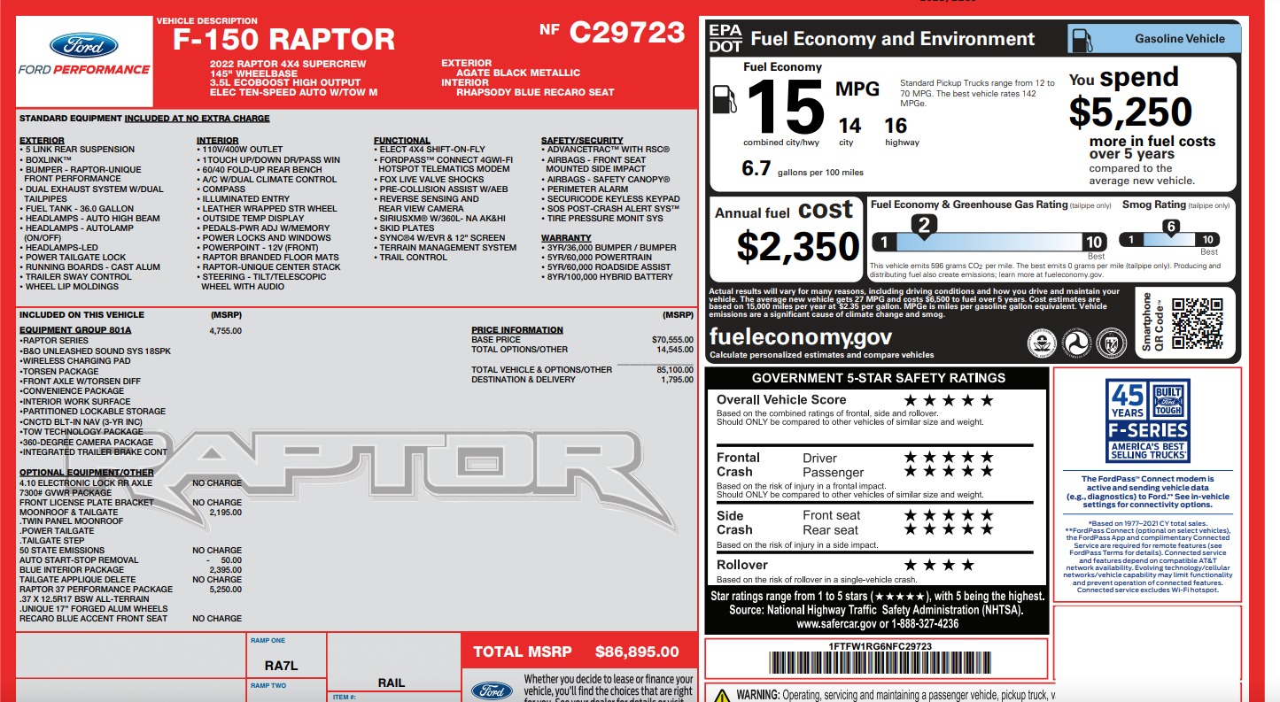 Used 2022 Ford F-150 Raptor 37PP PERFORMANCE PACK / RECARO SEATS / MOONROOF / 801A EQUIP for sale Sold at Formula Imports in Charlotte NC 28227 56