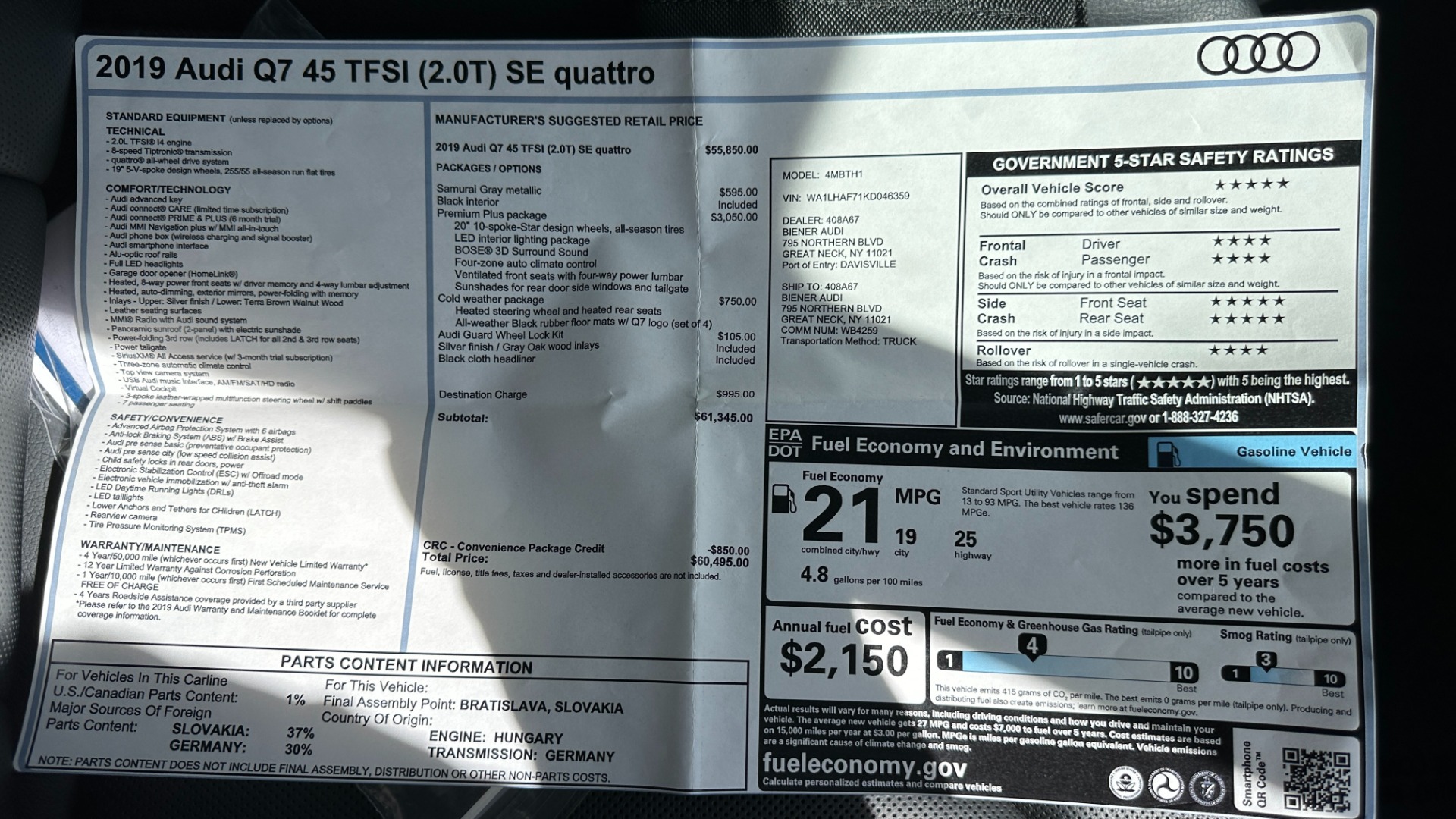 Used 2019 Audi Q7 PREMIUM PLUS / COLD WEATHER PACKAGE / LEATHER / SUNSHADES / NAV for sale $36,995 at Formula Imports in Charlotte NC 28227 54
