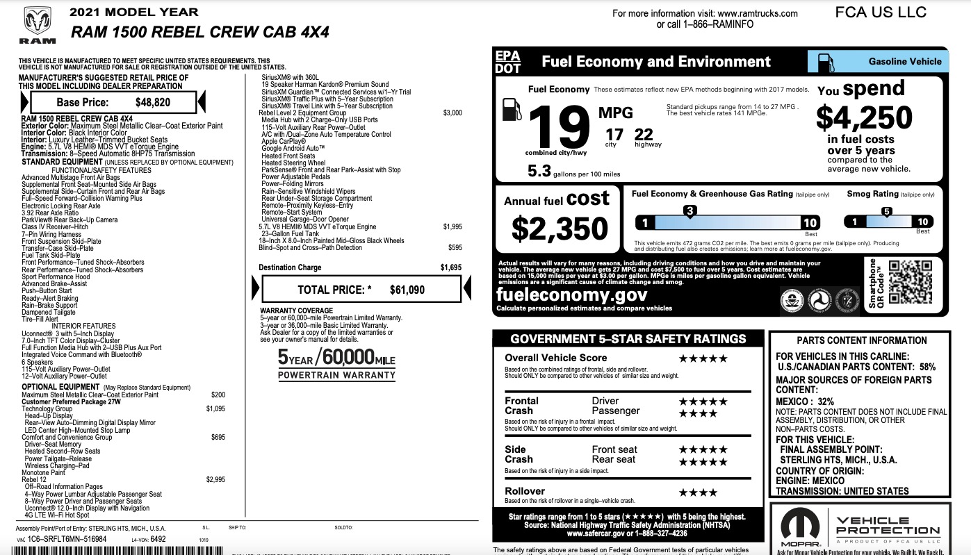Used 2021 Ram 1500 REBEL / TECH PKG / COMFORT AND CONVENIENCE / REBEL 12 PKG / HEMI for sale $52,995 at Formula Imports in Charlotte NC 28227 58