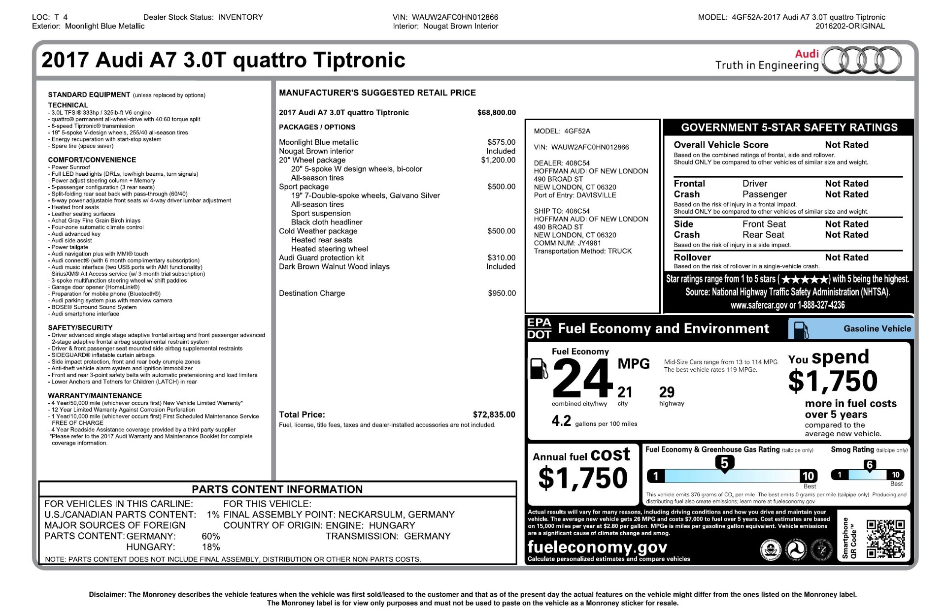 Used 2017 Audi A7 PREMIUM PLUS / SPORT / CLD WTHR / SUNROOF / REARVIEW for sale Sold at Formula Imports in Charlotte NC 28227 92