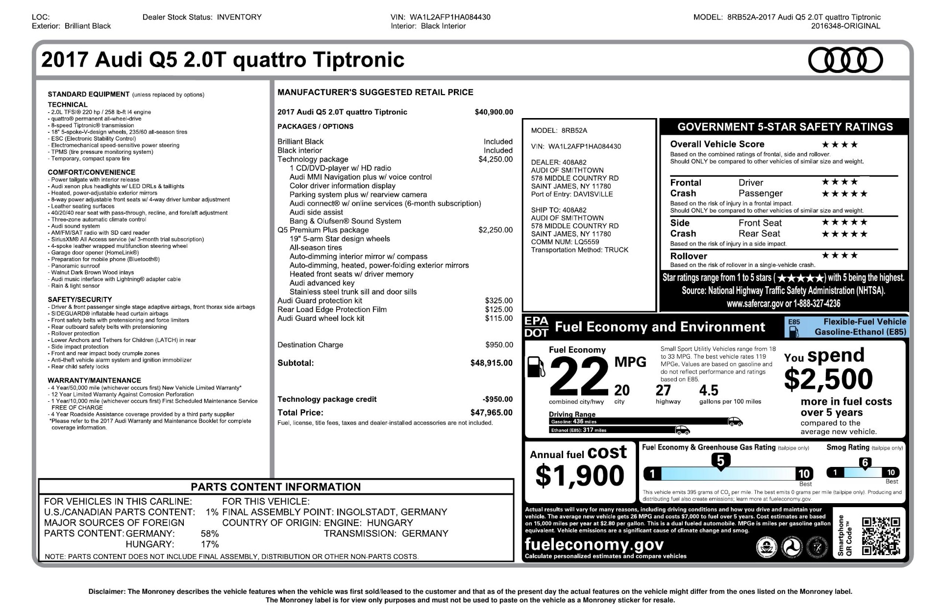 Used 2017 Audi Q5 PREMIUM PLUS / TECH PKG / NAV / SUNROOF / REARVIEW for sale Sold at Formula Imports in Charlotte NC 28227 88