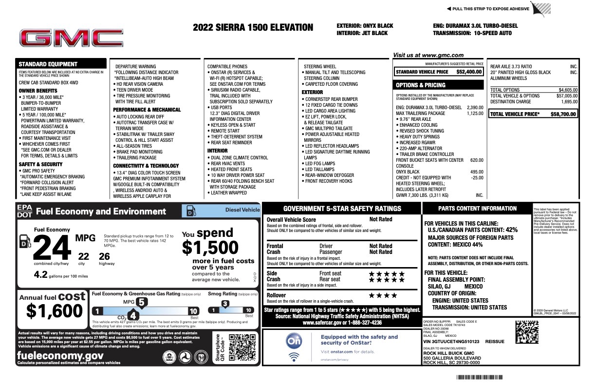Used 2022 GMC Sierra 1500 Elevation Diesel for sale $52,999 at Formula Imports in Charlotte NC 28227 53