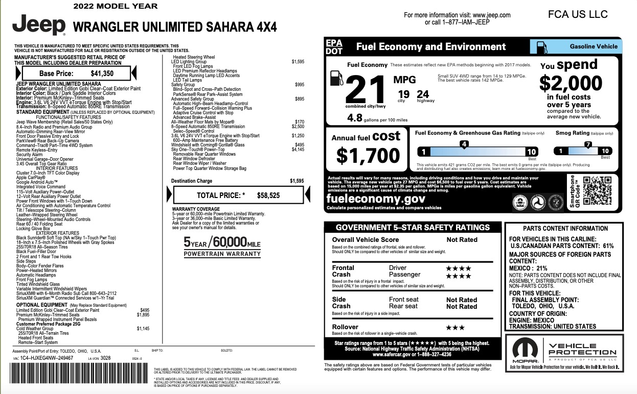Used 2022 Jeep Wrangler UNLIMITED SAHARA / SKY ONE TOUCH TOP / COLD WEATHER PKG / LEATHER for sale Sold at Formula Imports in Charlotte NC 28227 56