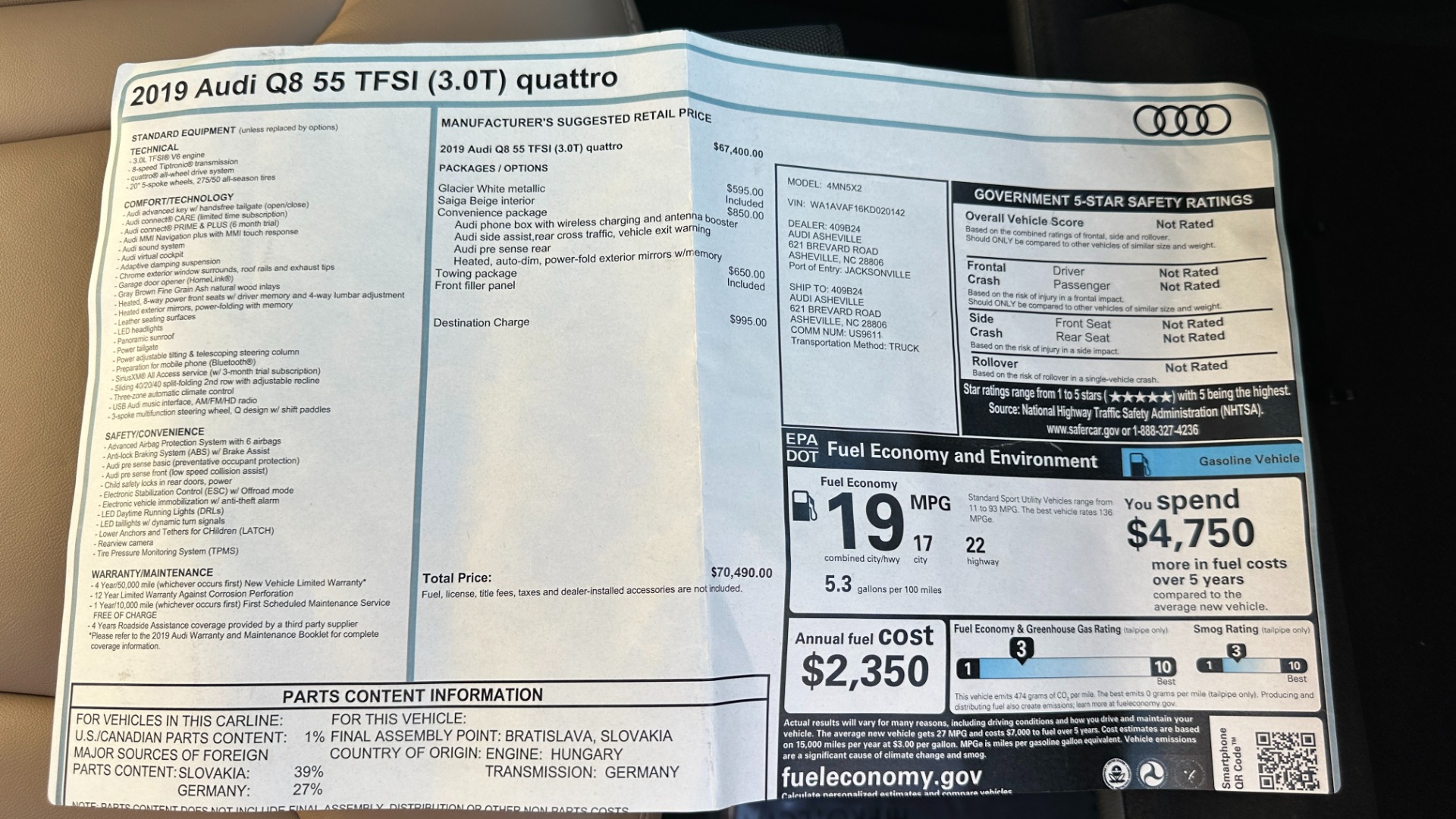 Used 2019 Audi Q8 PREMIUM / CONVENIENCE PACKAGE / TOWING PACKAGE / METALLIC PAINT for sale Sold at Formula Imports in Charlotte NC 28227 54