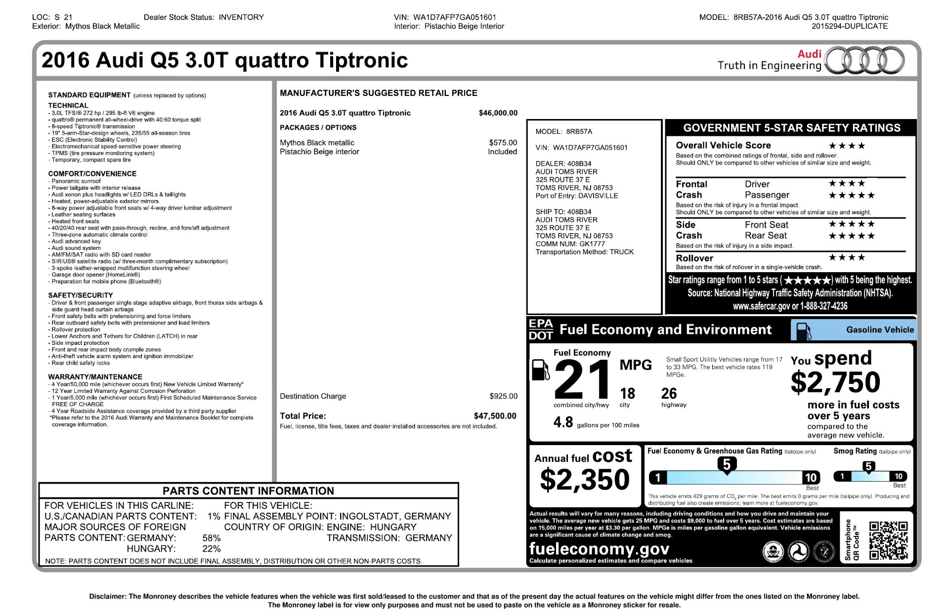 Used 2016 Audi Q5 PREMIUM PLUS / AWD / PANO-ROOF / HEATED SEATS for sale Sold at Formula Imports in Charlotte NC 28227 82