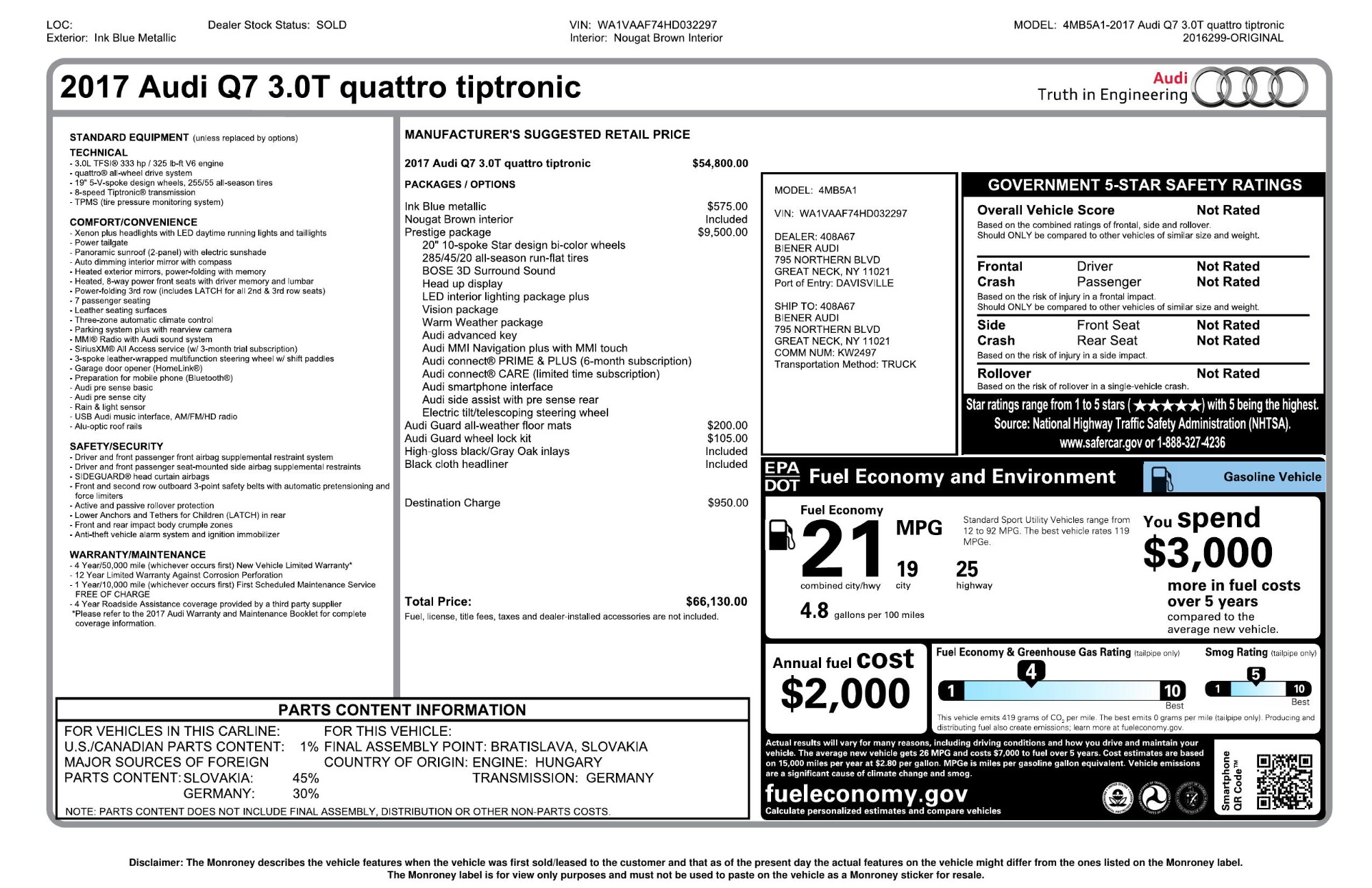 Used 2017 Audi Q7 PRESTIGE 3.0T / AWD / NAV / PANO-ROOF / HTD STS / BOSE / VISION for sale Sold at Formula Imports in Charlotte NC 28227 104
