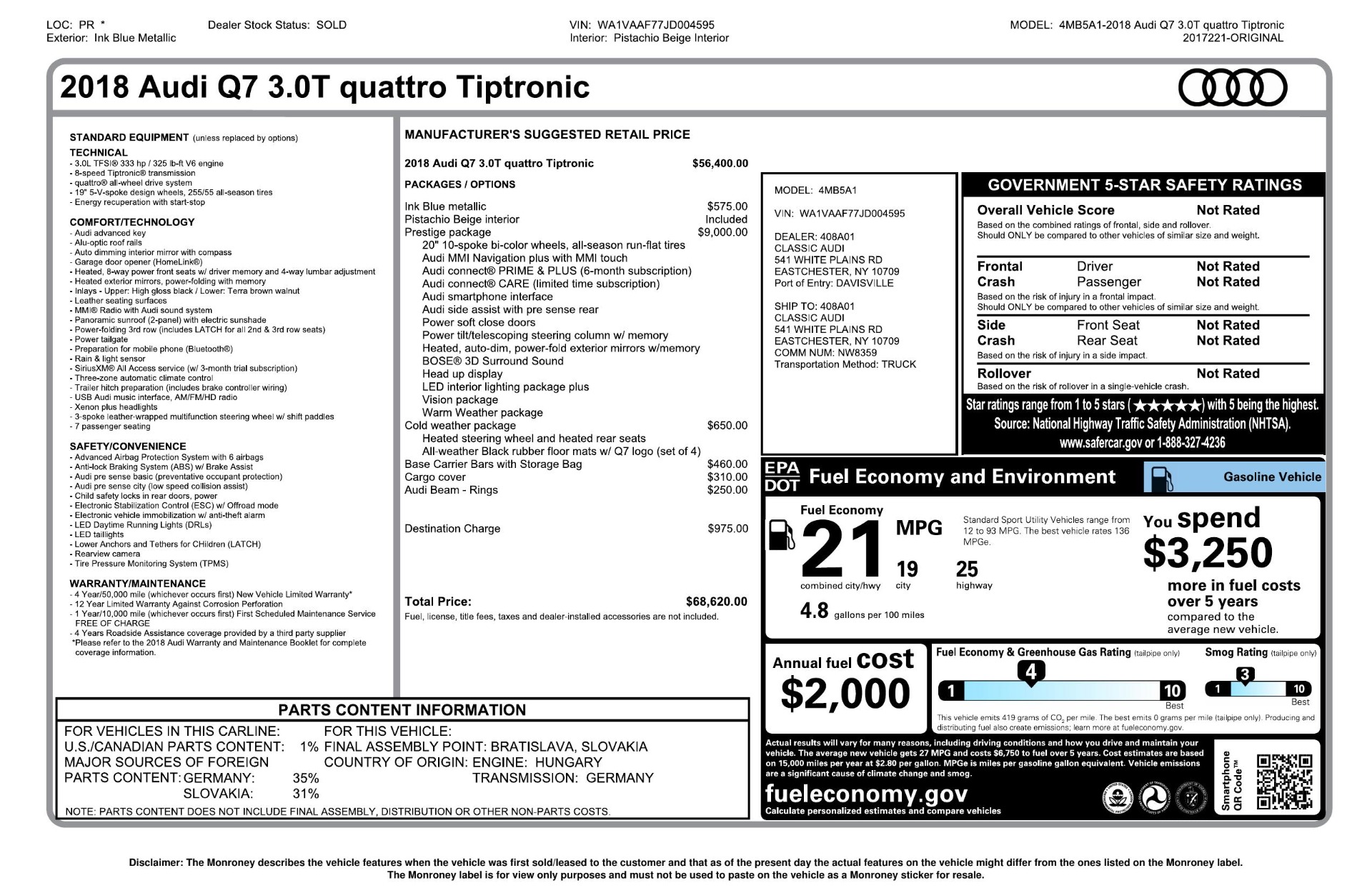 Used 2018 Audi Q7 PRESTIGE 3.0T CLD WTHR / NAV / BOSE / HEADS-UP / REARVIEW for sale Sold at Formula Imports in Charlotte NC 28227 103