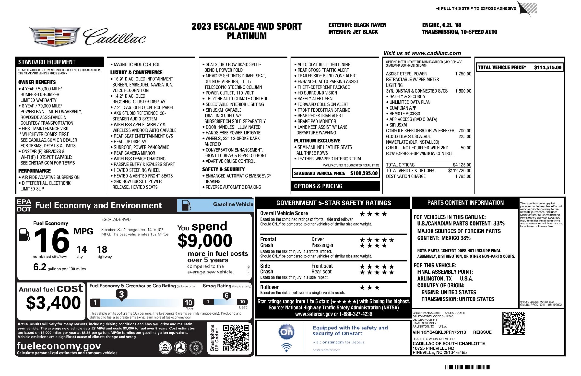 Used 2023 Cadillac Escalade 4WD Sport Platinum BREMBO BRAKES / PLATINUM EDITION / CONSOLE REFRIGERATOR for sale Sold at Formula Imports in Charlotte NC 28227 71