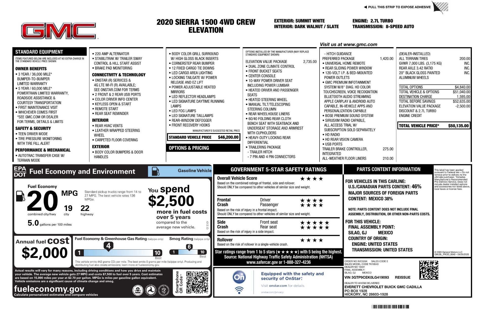 Used 2020 GMC Sierra 1500 Elevation ELEVATION PKG / PREFERRED PKG / 20IN WHEELS for sale Sold at Formula Imports in Charlotte NC 28227 60