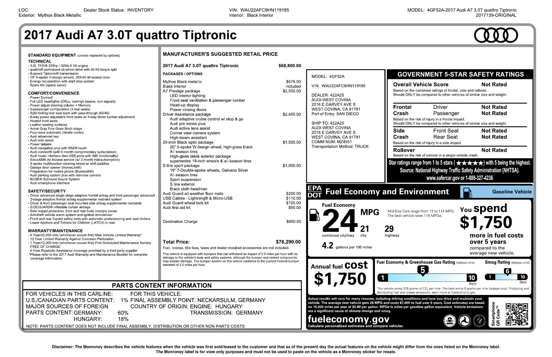 Used 2017 Audi A7 PRESTIGE / DRVR ASST / S-LINE SPORT / NAV / REARVIEW for sale Sold at Formula Imports in Charlotte NC 28227 96