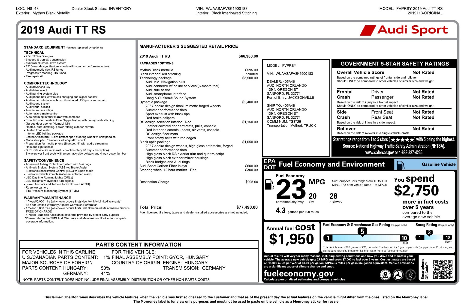 Used 2019 Audi TT RS 2.5L / QUATTRO / RS DESIGN / TECH / DYNAMIC / BLACK OPTIC / CARB for sale Sold at Formula Imports in Charlotte NC 28227 73