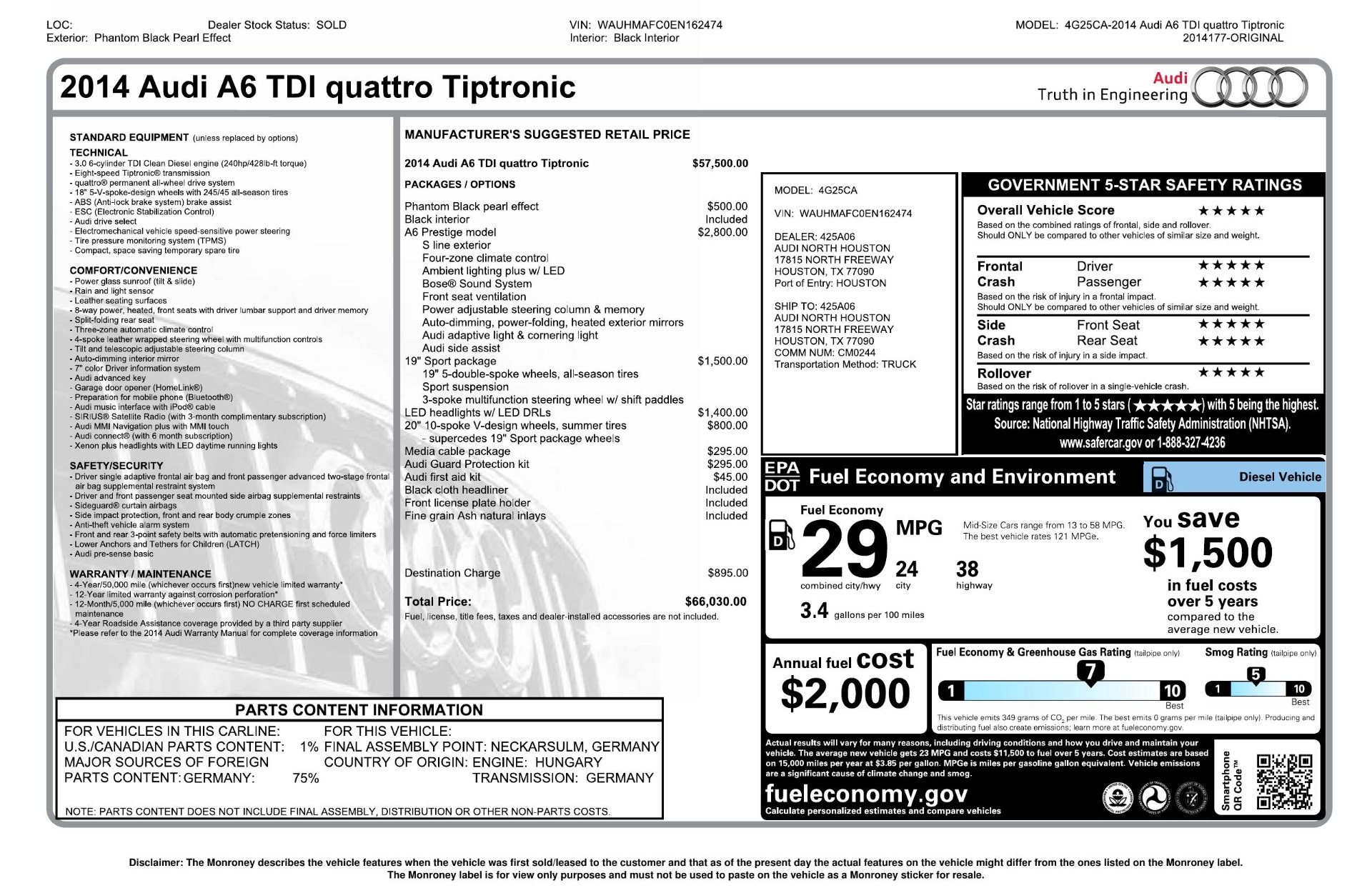 Used 2014 Audi A6 3.0L TDI PRESTIGE / SPORT / NAV / SUNROOF / BOSE / S-LINE for sale Sold at Formula Imports in Charlotte NC 28227 90
