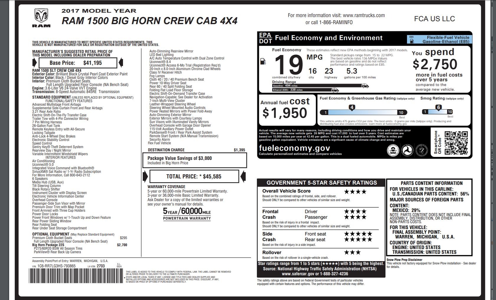 Used 2017 Ram 1500 BIG HORN CREW CAB 4X4 / 3.6L V6 / 8-SPD AUTO / WIFI HOTSPOT for sale Sold at Formula Imports in Charlotte NC 28227 85