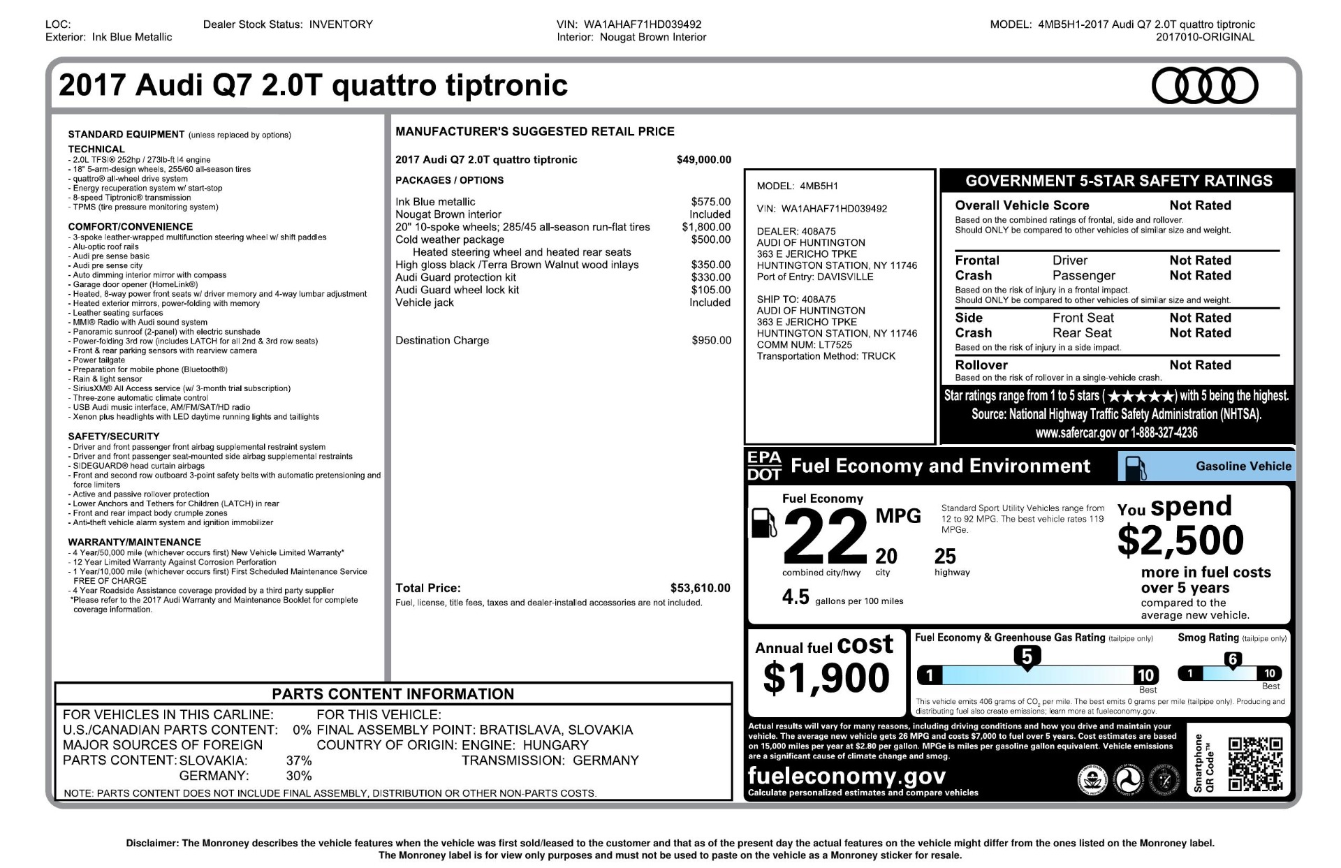 Used 2017 Audi Q7 2.0T PREMIUM TIPTRONIC / CLD WTHR / SUNROOF / REARVIEW for sale Sold at Formula Imports in Charlotte NC 28227 90