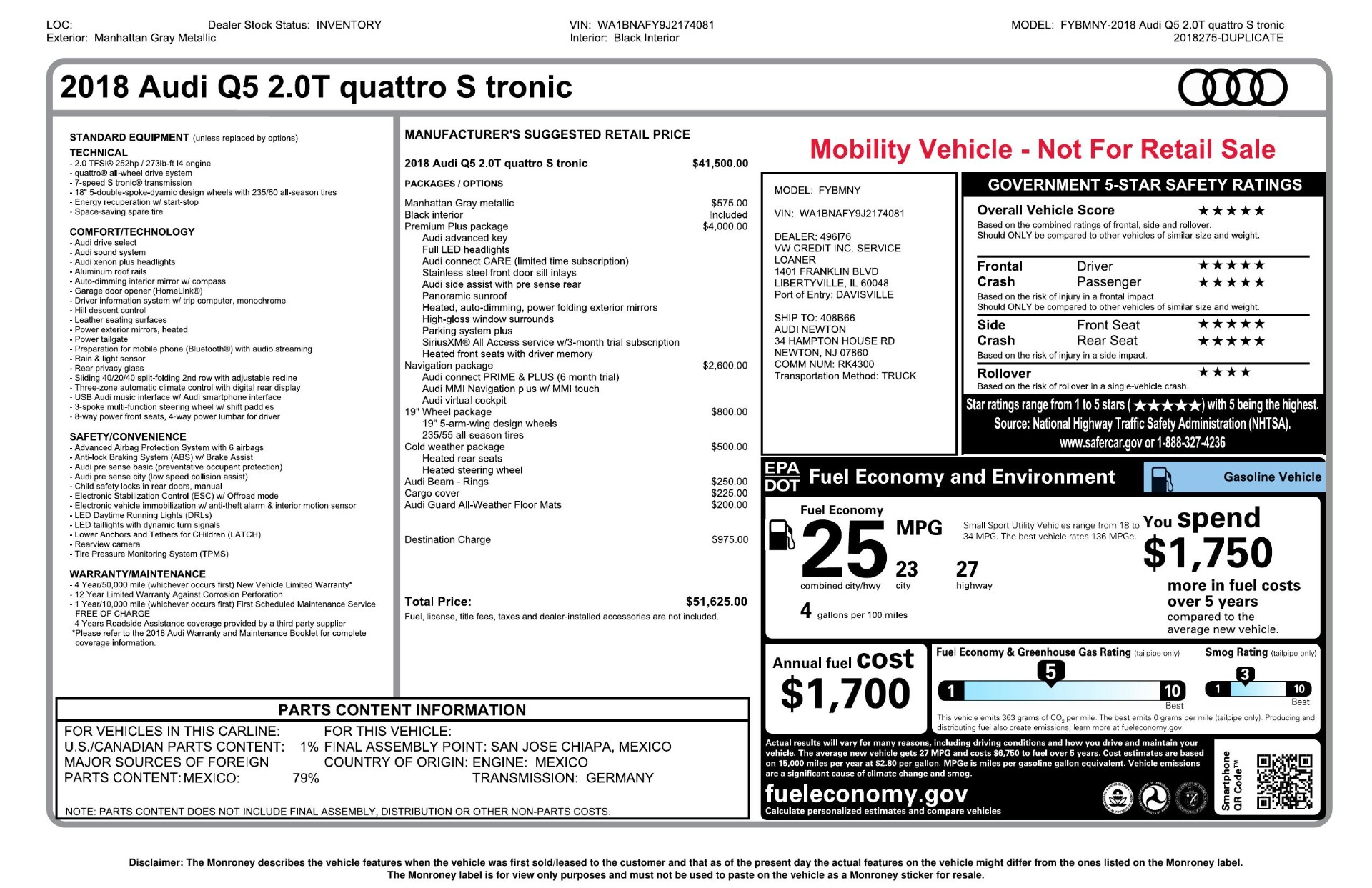 Used 2018 Audi Q5 PREMIUM PLUS / S-TRONIC / NAV / PANO-ROOF / PARK SYS PLUS for sale Sold at Formula Imports in Charlotte NC 28227 94