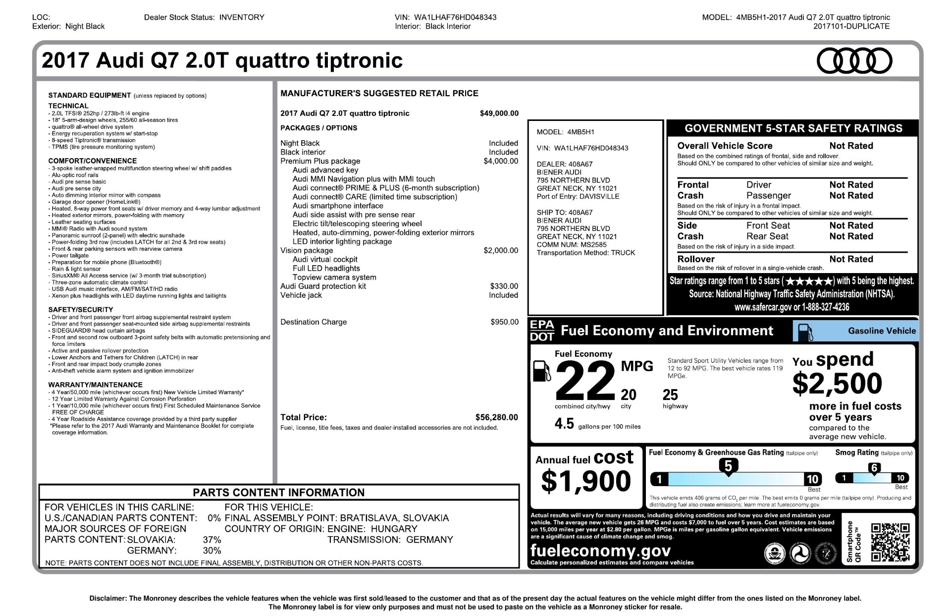 Used 2017 Audi Q7 PREMIUM PLUS / VISION PKG / NAV / PANO-ROOF / 3-ROW / REARVIEW for sale Sold at Formula Imports in Charlotte NC 28227 95