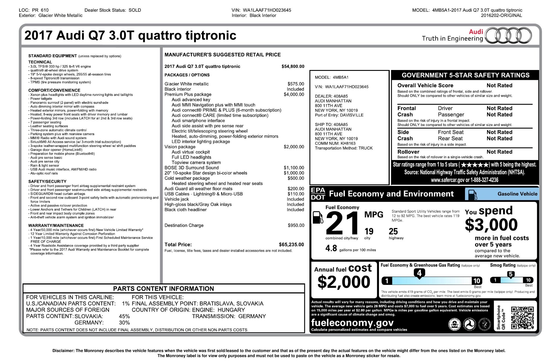 Used 2017 Audi Q7 PREMIUM PLUS / VISION PKG / NAV / PANO-ROOF / 3-ROW / REARVIEW for sale Sold at Formula Imports in Charlotte NC 28227 98