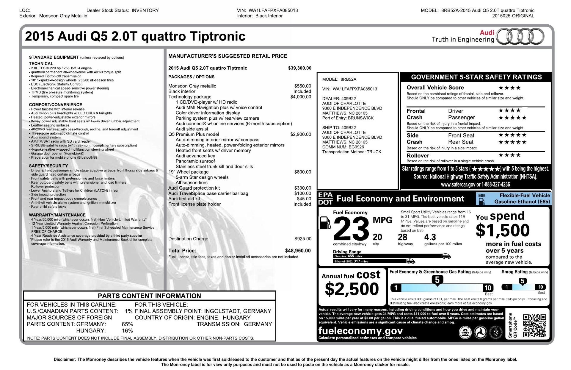 Used 2015 Audi Q5 PREMIUM PLUS / TECH PKG / NAV / PANO-ROOF / REARVIEW for sale Sold at Formula Imports in Charlotte NC 28227 90