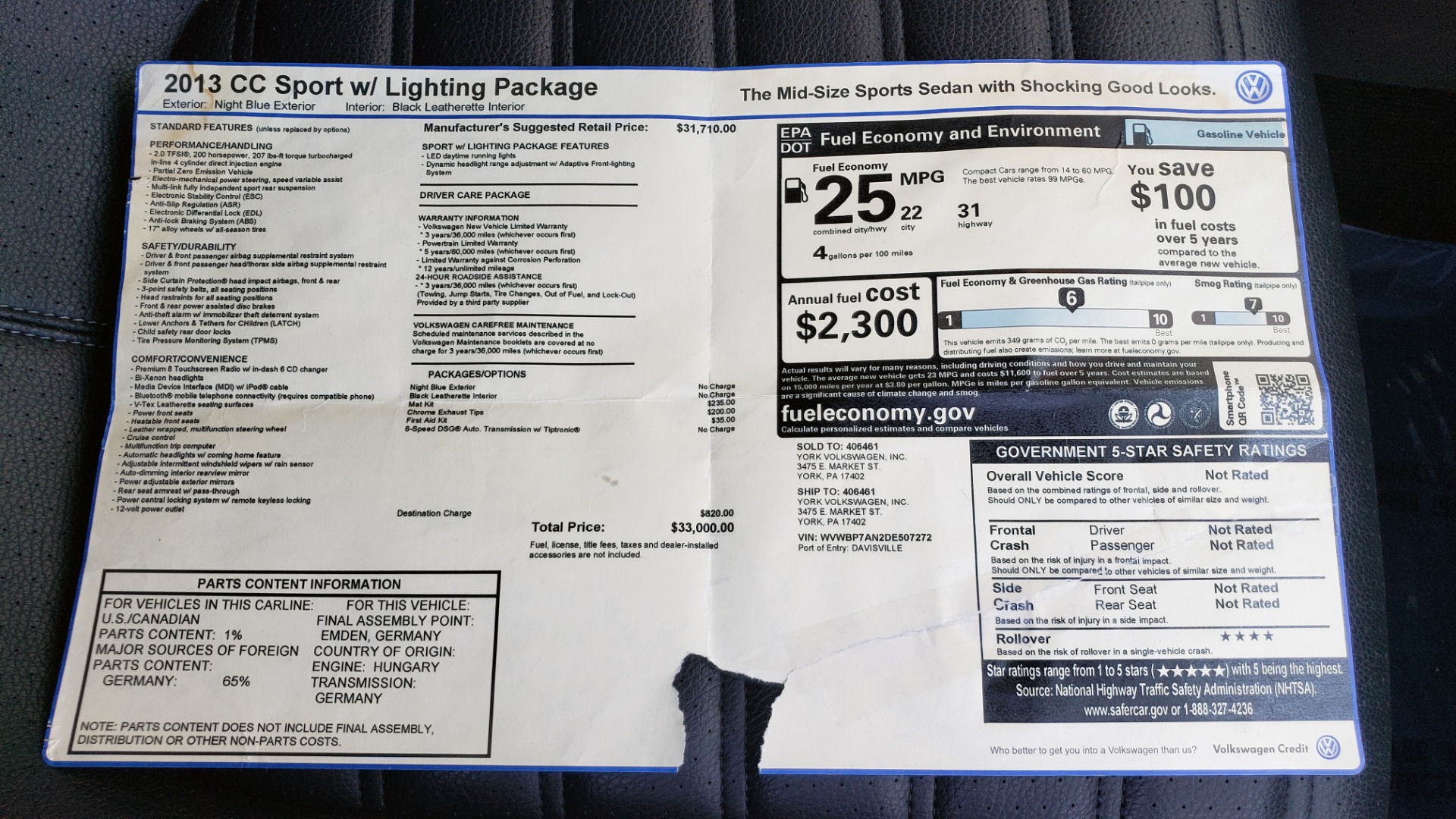 Used 2013 Volkswagen CC SPORT W/LIGHTING PKG / 2.0L 4-CYL / DSG 6-SPD AUTO for sale Sold at Formula Imports in Charlotte NC 28227 82