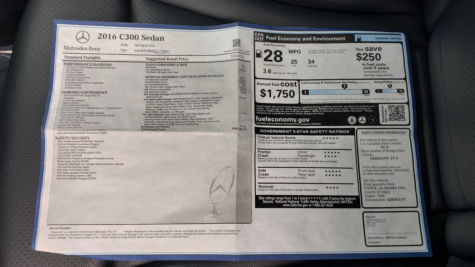 Used 2016 Mercedes-Benz C-CLASS C300 SPORT / PREM PKG / NAV / PANO-ROOF / REARVIEW / KEYLESS-GO for sale Sold at Formula Imports in Charlotte NC 28227 88