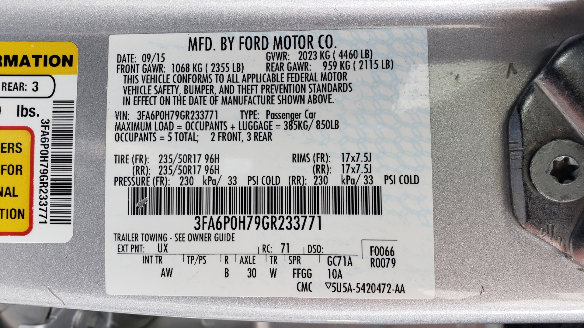 Used 2016 Ford FUSION SE SEDAN / 4-CYL / 6-SPD AUTO / CLOTH SEATS / REARVIEW for sale Sold at Formula Imports in Charlotte NC 28227 65