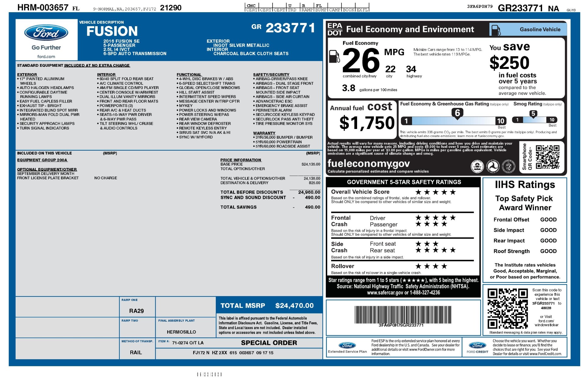Used 2016 Ford FUSION SE SEDAN / 4-CYL / 6-SPD AUTO / CLOTH SEATS / REARVIEW for sale Sold at Formula Imports in Charlotte NC 28227 66