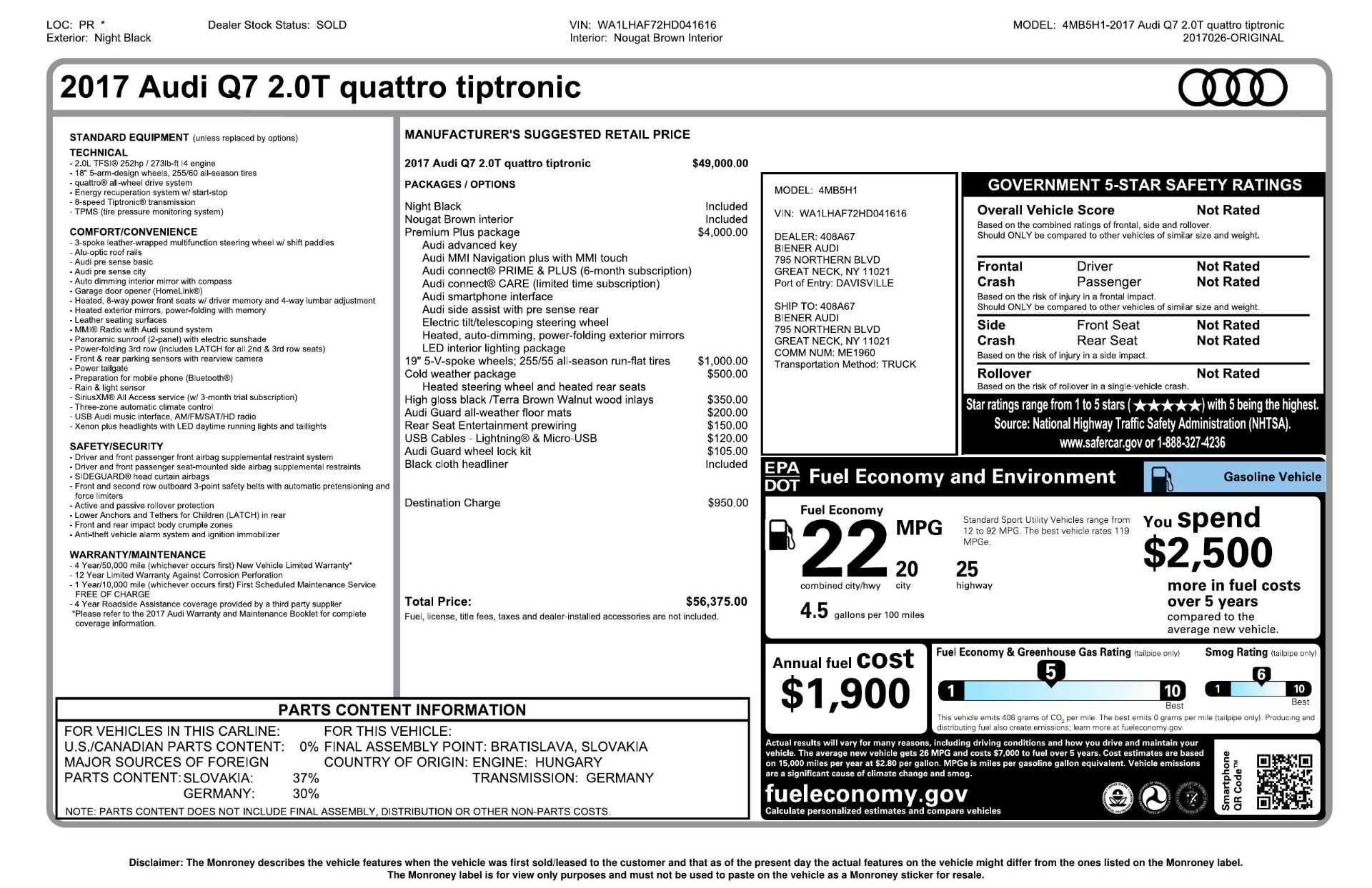 Used 2017 Audi Q7 PREMIUM PLUS / NAV / HTD STS / SUNROOF / REARVIEW / 3-ROW for sale Sold at Formula Imports in Charlotte NC 28227 94