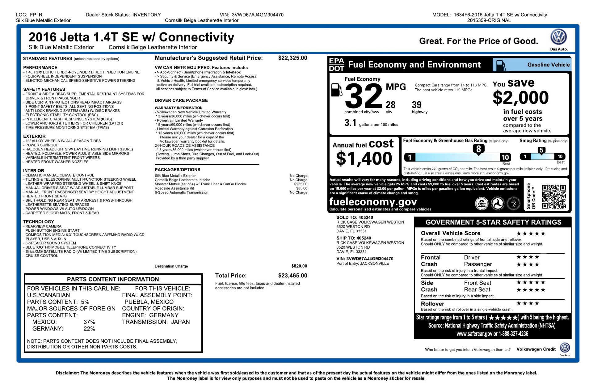 Used 2016 Volkswagen JETTA SEDAN 1.4T SE W/ CONNECTIVITY / 6-SPD AUTO / HTD STS / SUNROOF / REARVIEW for sale Sold at Formula Imports in Charlotte NC 28227 86