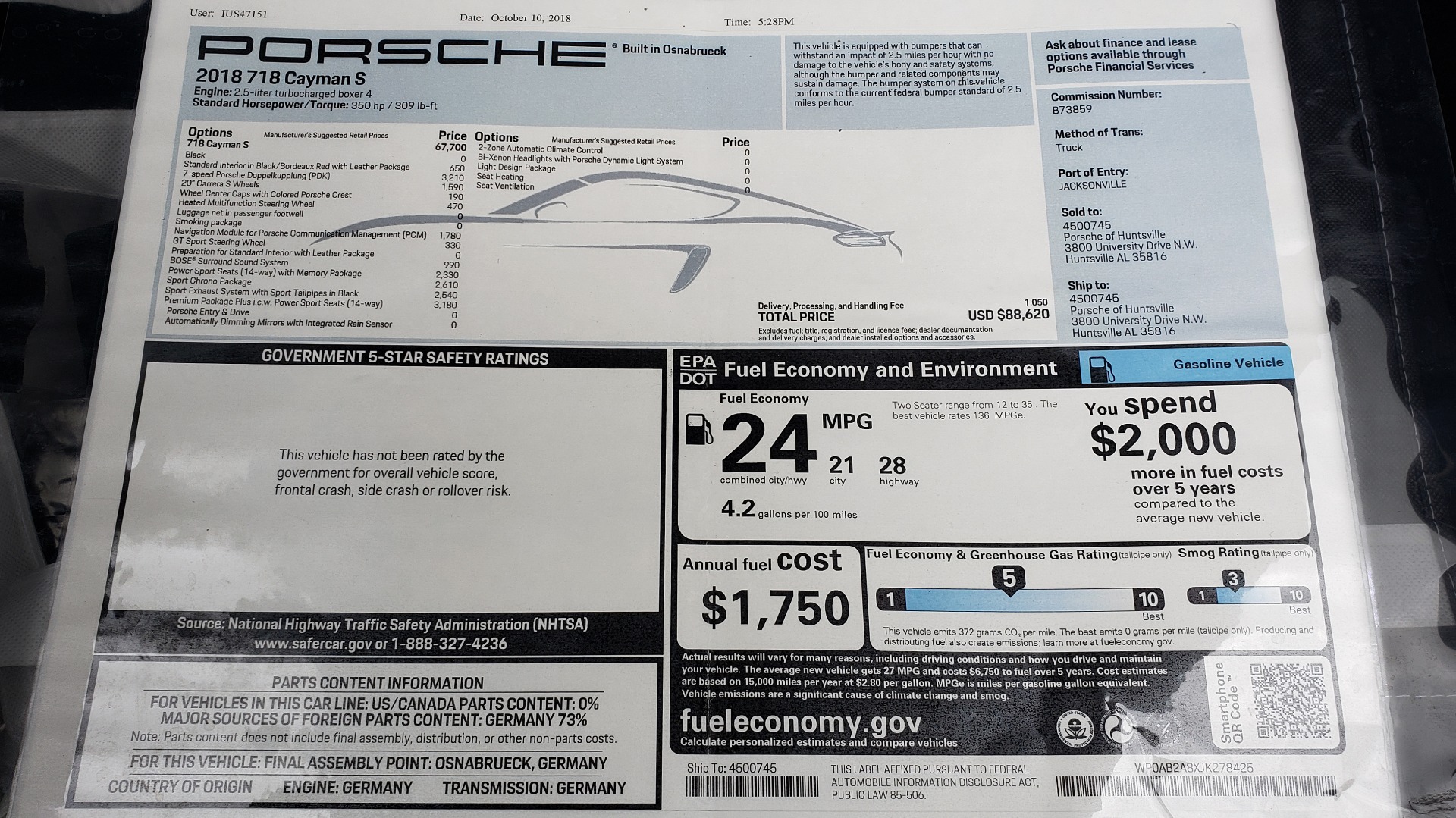 Used 2018 Porsche 718 CAYMAN S / PREM PKG PLUS / PDK / NAV / BOSE / CHRONO / SPORT EXHAUST for sale Sold at Formula Imports in Charlotte NC 28227 83
