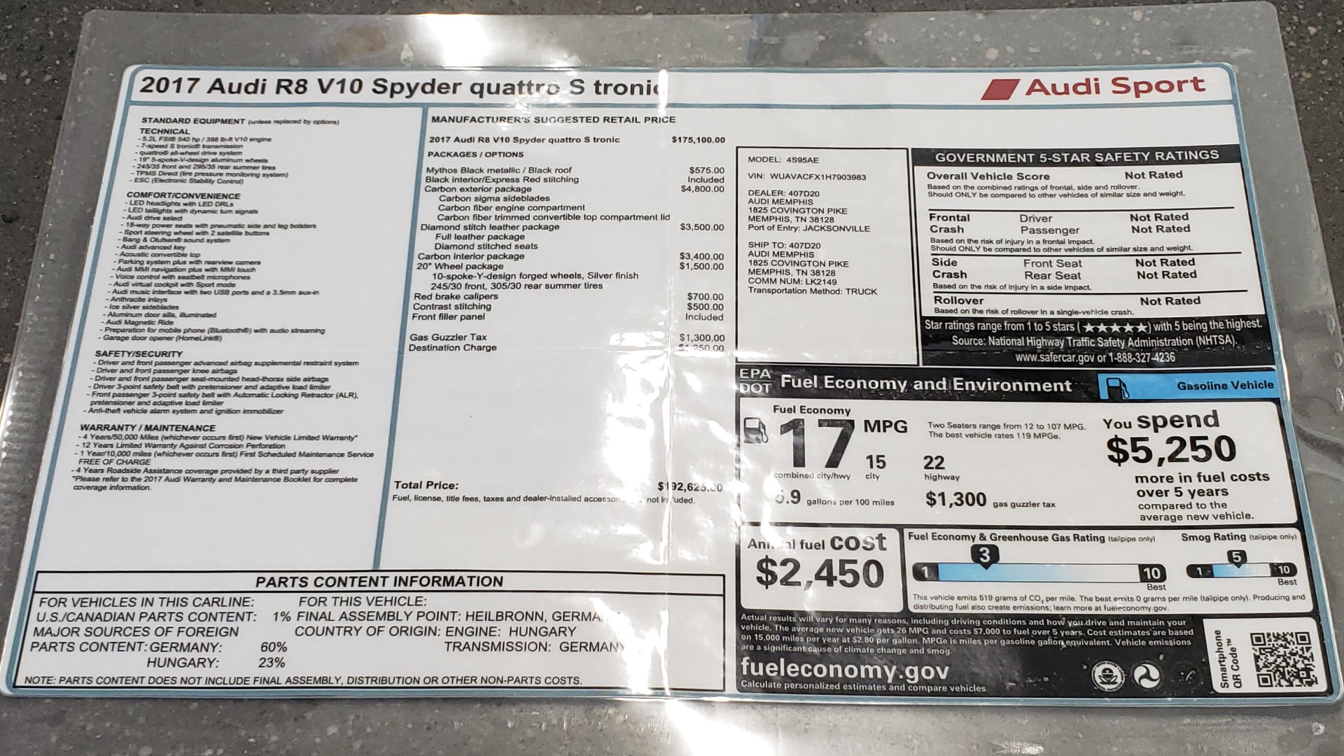 Used 2017 Audi R8 SPYDER V10 S-TRONIC / CARBON EXT & INT PKG / NAV / REARVIEW for sale Sold at Formula Imports in Charlotte NC 28227 88