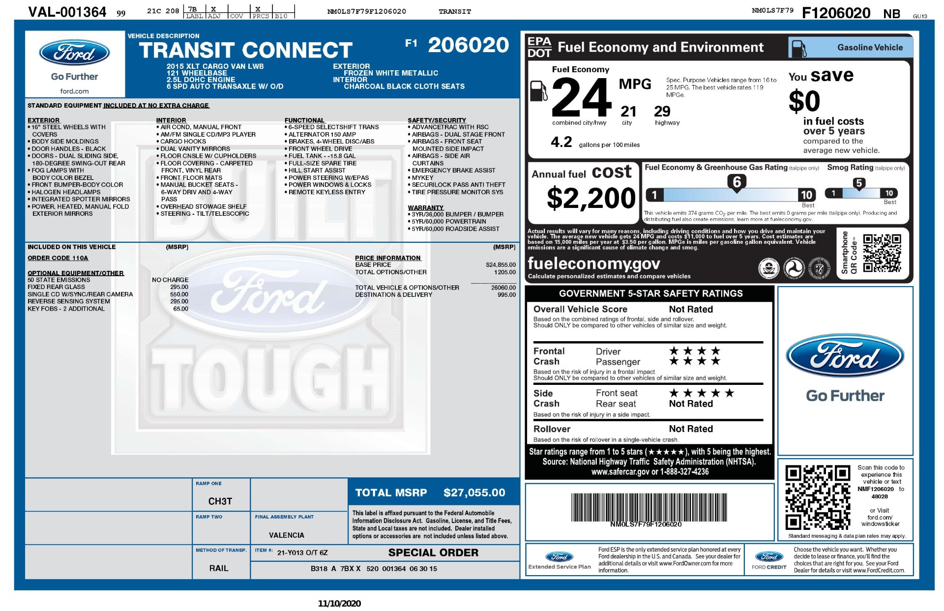 Used 2015 Ford TRANSIT CONNECT XLT CARGO VAN / 121-IN WB / 2.5L 4-CYL / AUTO / REARVIEW / WORK VAN for sale Sold at Formula Imports in Charlotte NC 28227 63