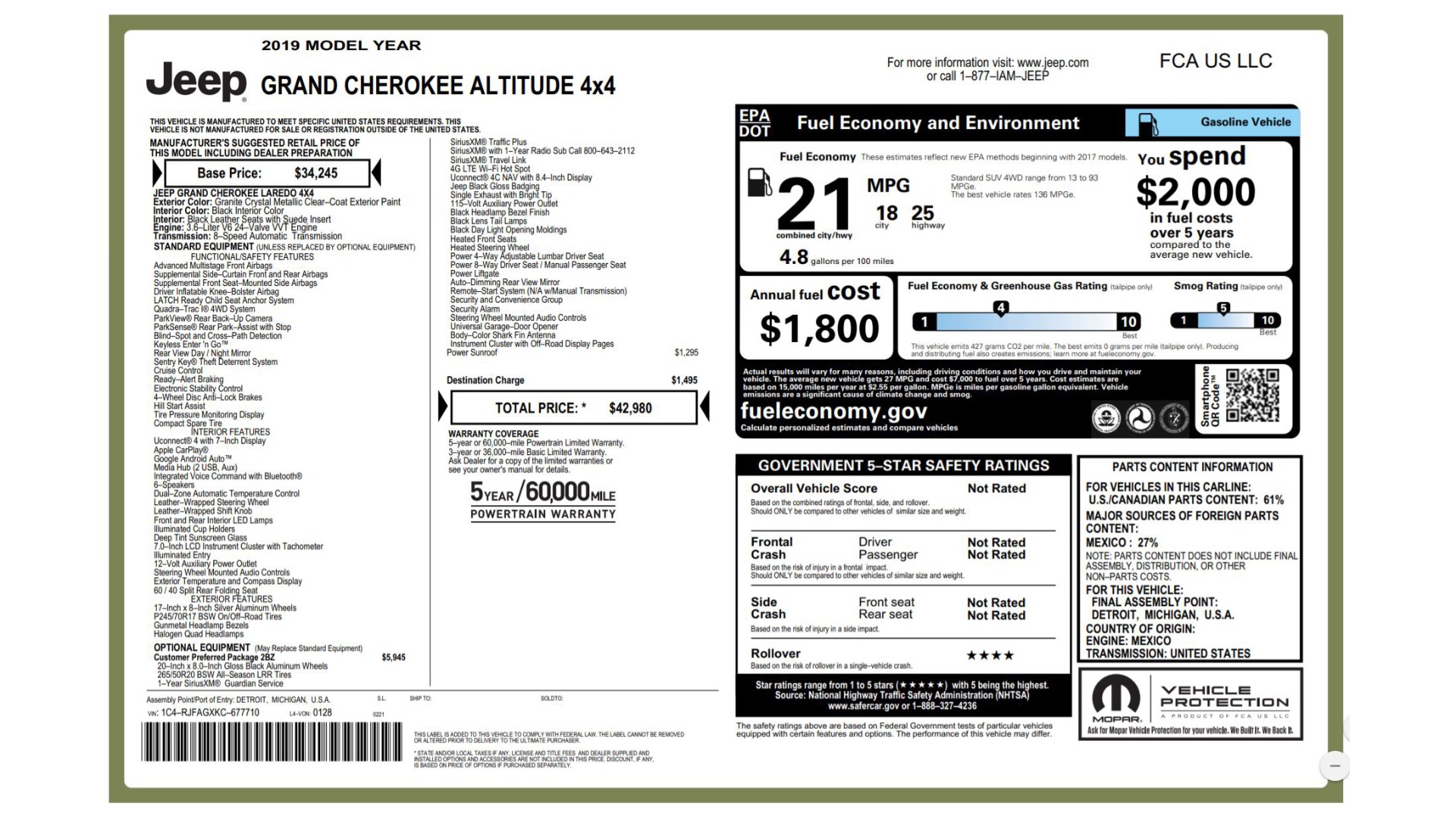 Used 2019 Jeep GRAND CHEROKEE ALTITUDE 4X4 / NAV / WIFI / SUNROOF / REARVIEW for sale Sold at Formula Imports in Charlotte NC 28227 91