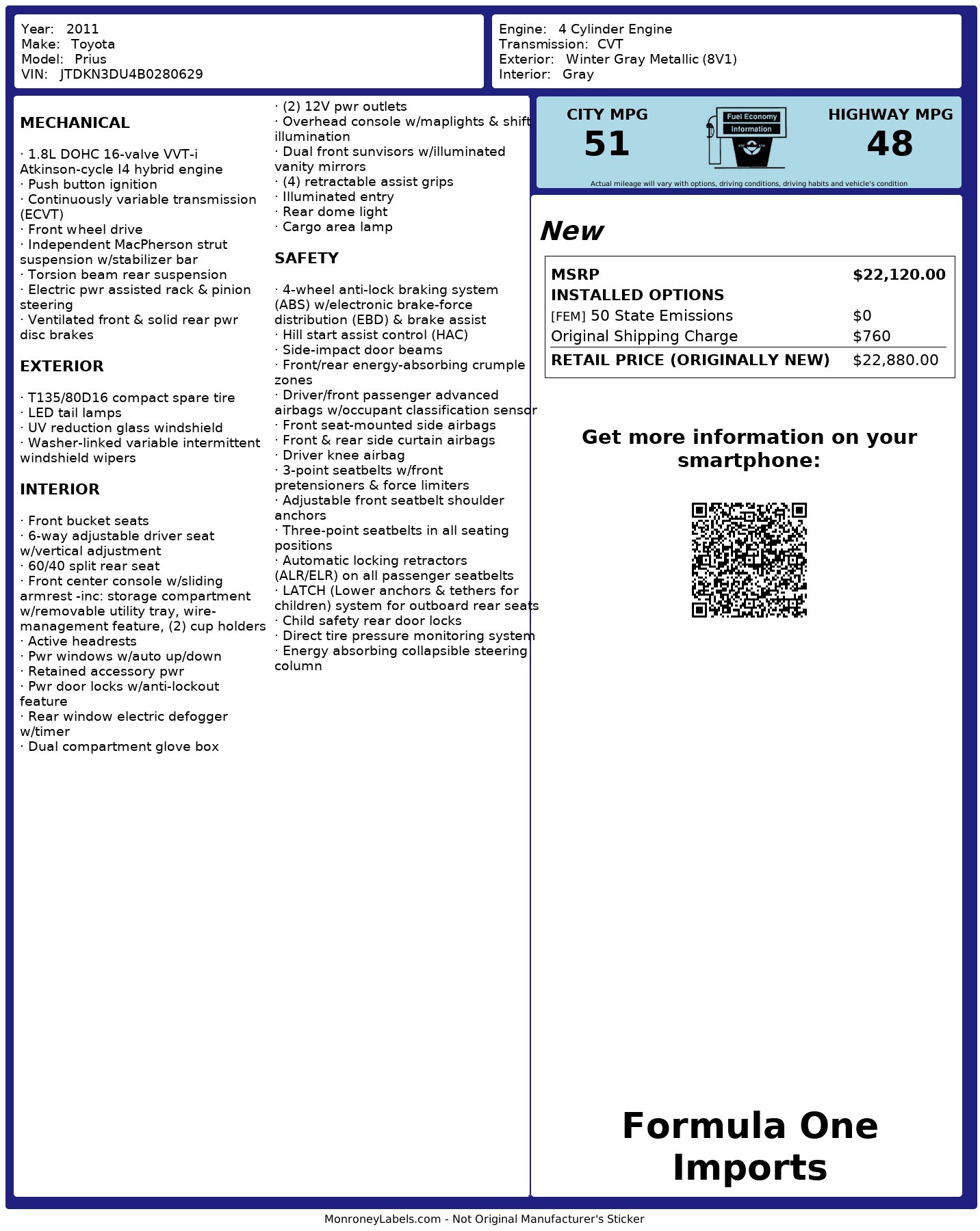 Used 2011 Toyota PRIUS ONE / HYBRID / 5-DOOR / HATCHBACK / 50MPG for sale Sold at Formula Imports in Charlotte NC 28227 77