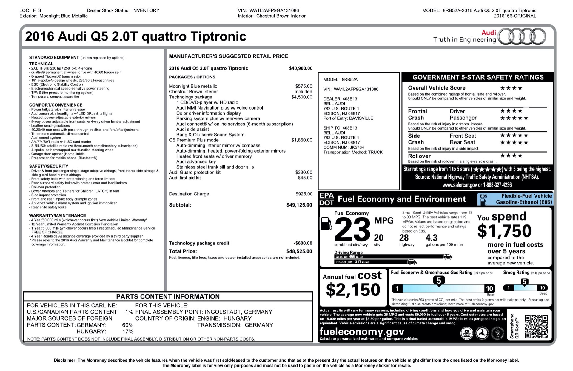 Used 2016 Audi Q5 PREMIUM PLUS 2.0T TIPTRONIC / TECH PKG / NAV / SUNROOF / REARVIEW for sale Sold at Formula Imports in Charlotte NC 28227 85