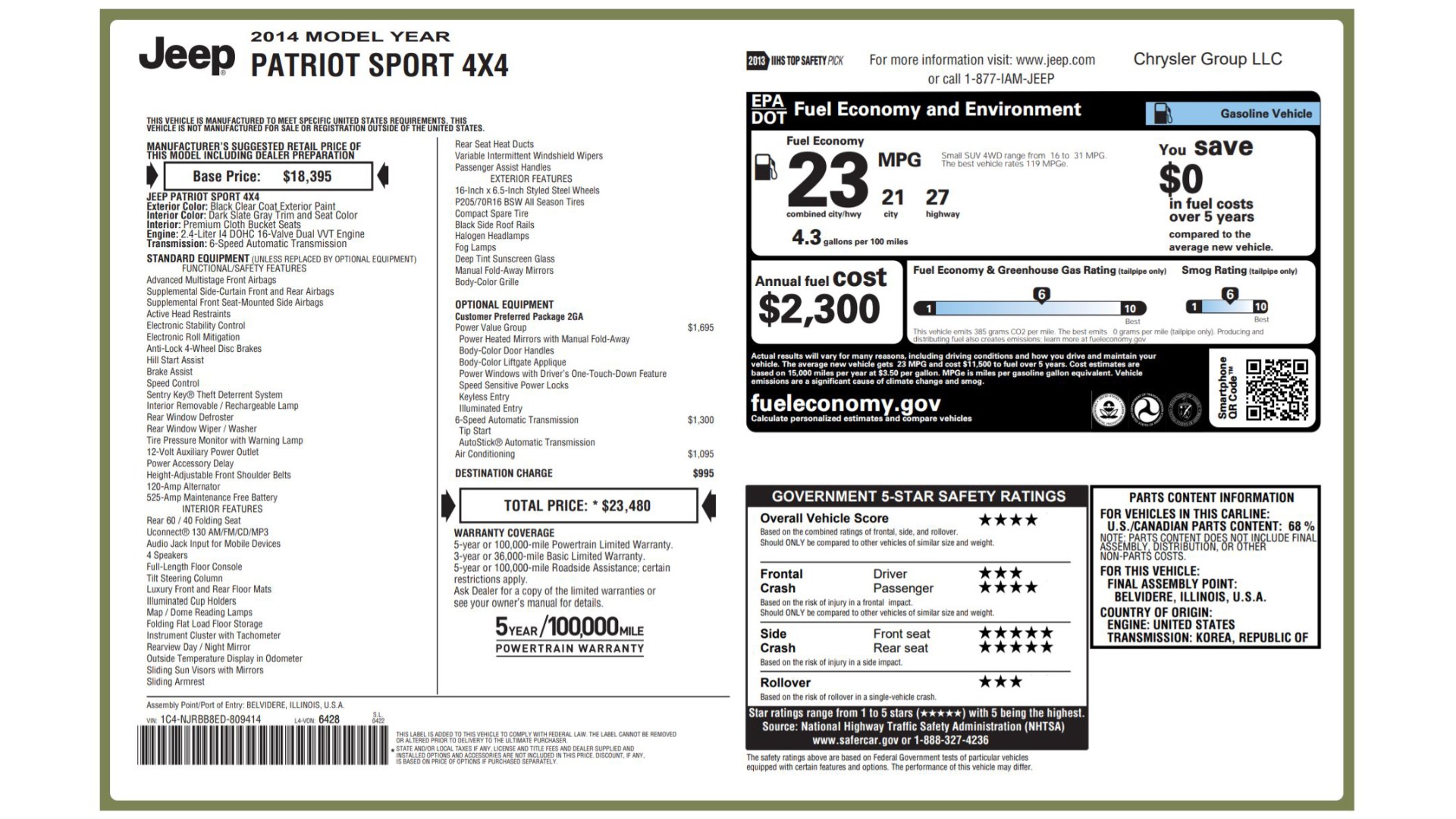 Used 2014 Jeep PATRIOT SPORT / 4WD 4-DR / POWER VALUE GRP / 4-CYL / 6-SPD AUTO for sale Sold at Formula Imports in Charlotte NC 28227 74
