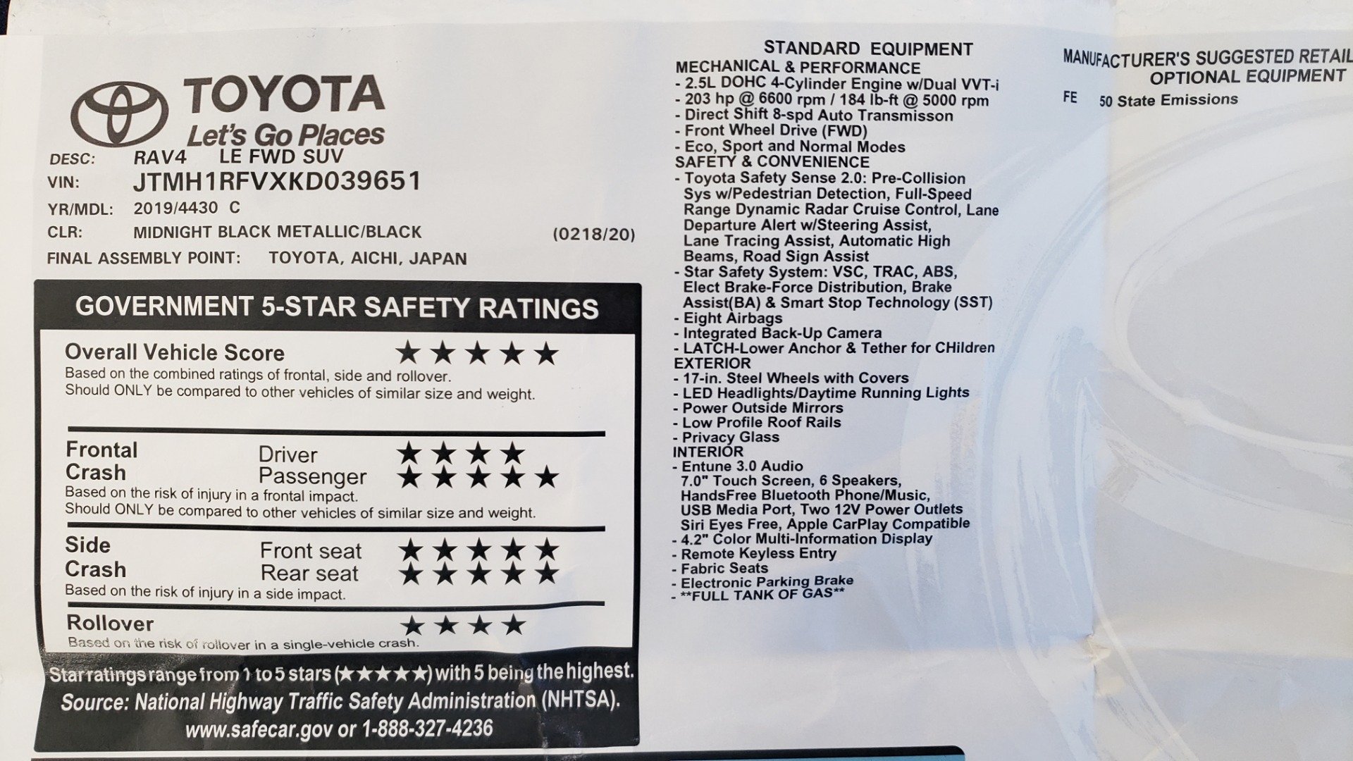 Used 2019 Toyota RAV4 LE / 2.5L I4 / 8-SPEED AUTO / LTA / PCS / RSA / REARVIEW for sale Sold at Formula Imports in Charlotte NC 28227 83