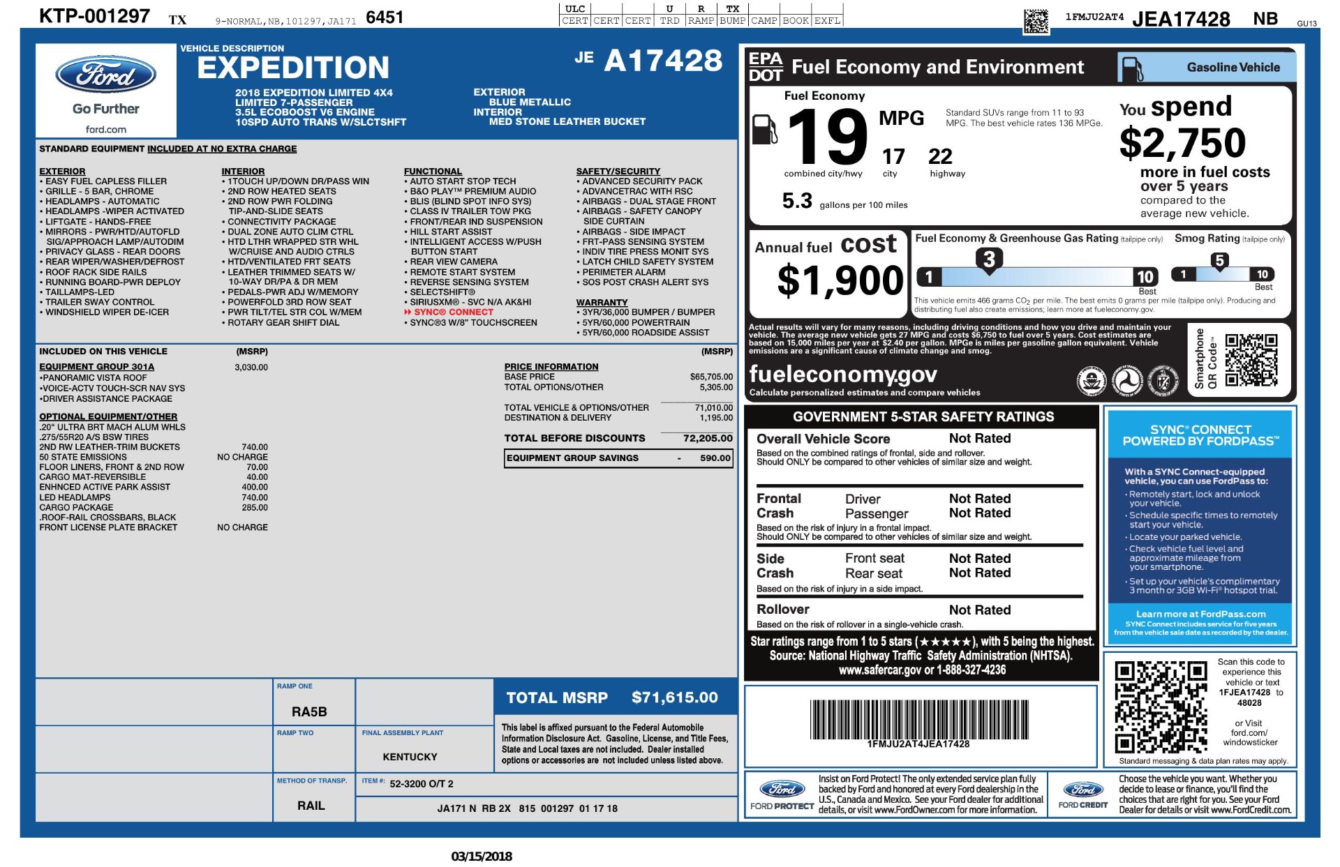 Used 2018 Ford EXPEDITION LIMITED 4X4 / NAV / PANO-ROOF / 3-ROW / DRVR ASST / REARVIEW for sale Sold at Formula Imports in Charlotte NC 28227 103